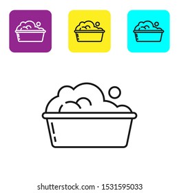 Black line Plastic basin with soap suds icon isolated on white background. Bowl with water. Washing clothes, cleaning equipment. Set icons colorful square buttons. Vector Illustration