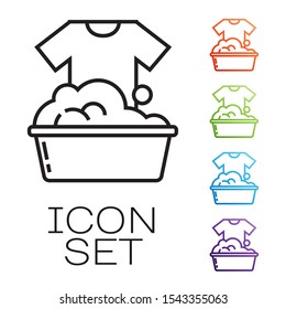 Black line Plastic basin with soap suds icon isolated on white background. Bowl with water. Washing clothes, cleaning equipment. Set icons colorful. Vector Illustration