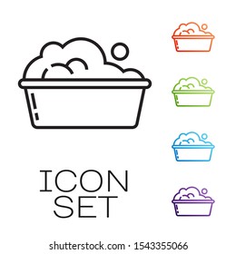 Black line Plastic basin with soap suds icon isolated on white background. Bowl with water. Washing clothes, cleaning equipment. Set icons colorful. Vector Illustration