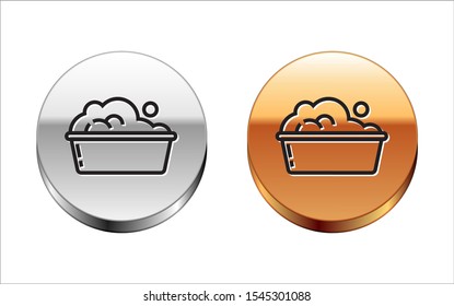 Black line Plastic basin with soap suds icon isolated on white background. Bowl with water. Washing clothes, cleaning equipment. Silver-gold circle button. Vector Illustration