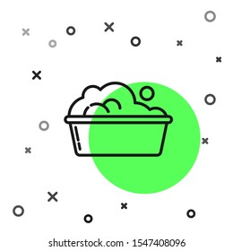 Black line Plastic basin with soap suds icon isolated on white background. Bowl with water. Washing clothes, cleaning equipment.  Vector Illustration