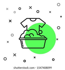 Black line Plastic basin with soap suds icon isolated on white background. Bowl with water. Washing clothes, cleaning equipment.  Vector Illustration