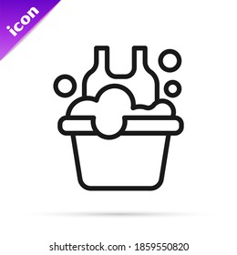 Black line Plastic basin with soap suds icon isolated on white background. Bowl with water. Washing clothes, cleaning equipment.  Vector