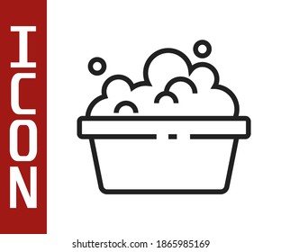 Black line Plastic basin with soap suds icon isolated on white background. Bowl with water. Washing clothes, cleaning equipment.  Vector