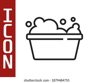 Black line Plastic basin with soap suds icon isolated on white background. Bowl with water. Washing clothes, cleaning equipment.  Vector