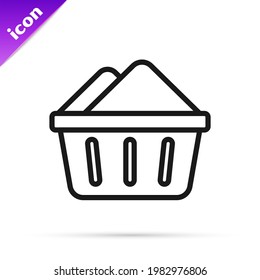 Black line Plastic basin with soap suds icon isolated on white background. Bowl with water. Washing clothes, cleaning equipment.  Vector