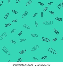 Black line Plastic beer bottle icon isolated seamless pattern on green background.  Vector
