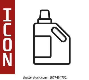 Black line Plastic bottle for laundry detergent, bleach, dishwashing liquid or another cleaning agent icon isolated on white background.  Vector