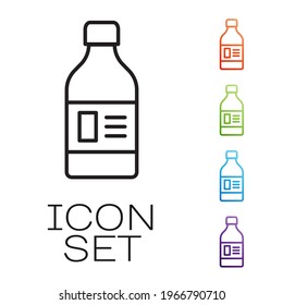 Línea negra Botella de plástico para detergente para lavandería, blanqueador, líquido lavavajillas u otro icono de agente de limpieza aislado en el fondo blanco. Indique los iconos en colores. Vector