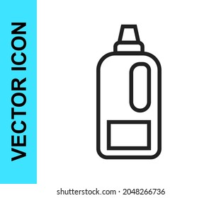 Black line Plastic bottle for laundry detergent, bleach, dishwashing liquid or another cleaning agent icon isolated on white background.  Vector