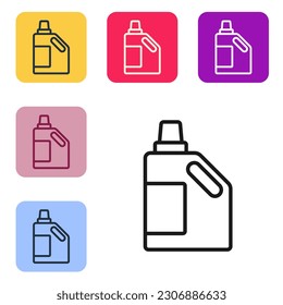 Black line Plastic bottle for laundry detergent, bleach, dishwashing liquid or another cleaning agent icon isolated on white background. Set icons in color square buttons. Vector