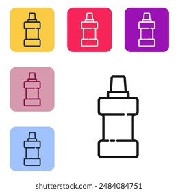 Black line Plastic bottle for laundry detergent, bleach, dishwashing liquid or another cleaning agent icon isolated on white background. Set icons in color square buttons. Vector