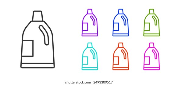 Black line Plastic bottle for laundry detergent, bleach, dishwashing liquid or another cleaning agent icon isolated on white background. Set icons colorful. Vector