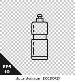 Black line Plastic bottle for liquid laundry detergent, bleach, dishwashing liquid or another cleaning agent icon isolated on transparent background.  Vector Illustration