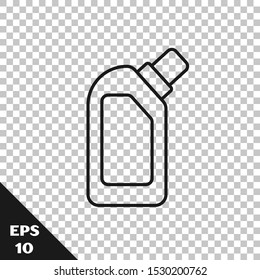 Black line Plastic bottle for liquid laundry detergent, bleach, dishwashing liquid or another cleaning agent icon isolated on transparent background.  Vector Illustration