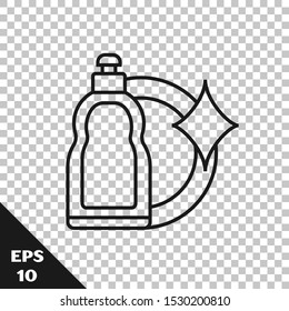 Black line Plastic bottle for liquid laundry detergent, bleach, dishwashing liquid or another cleaning agent icon isolated on transparent background.  Vector Illustration