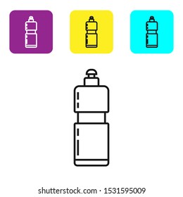 Black line Plastic bottle for liquid laundry detergent, bleach, dishwashing liquid or another cleaning agent icon isolated on white background. Set icons colorful square buttons. Vector Illustration