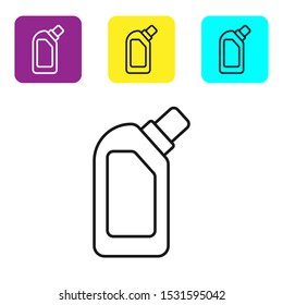 Black line Plastic bottle for liquid laundry detergent, bleach, dishwashing liquid or another cleaning agent icon isolated on white background. Set icons colorful square buttons. Vector Illustration