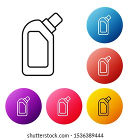 Black line Plastic bottle for liquid laundry detergent, bleach, dishwashing liquid or another cleaning agent icon isolated on white background. Set icons colorful circle buttons. Vector Illustration