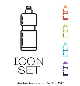 Black line Plastic bottle for liquid laundry detergent, bleach, dishwashing liquid or another cleaning agent icon isolated on white background. Set icons colorful. Vector Illustration
