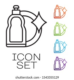 Black line Plastic bottle for liquid laundry detergent, bleach, dishwashing liquid or another cleaning agent icon isolated on white background. Set icons colorful. Vector Illustration