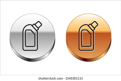 Black line Plastic bottle for liquid laundry detergent, bleach, dishwashing liquid or another cleaning agent icon isolated on white background. Silver-gold circle button. Vector Illustration