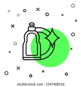 Black line Plastic bottle for liquid laundry detergent, bleach, dishwashing liquid or another cleaning agent icon isolated on white background.  Vector Illustration