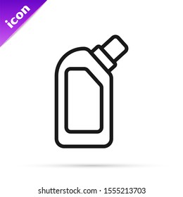 Black line Plastic bottle for liquid laundry detergent, bleach, dishwashing liquid or another cleaning agent icon isolated on white background.  Vector Illustration