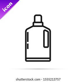 Black line Plastic bottle for liquid laundry detergent, bleach, dishwashing liquid or another cleaning agent icon isolated on white background.  Vector Illustration