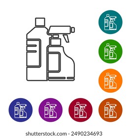 Black line Plastic bottles for laundry detergent, bleach, dishwashing liquid or another cleaning agent icon isolated on white background. Set icons in color circle buttons. Vector Illustration