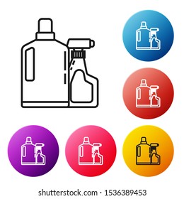 Black line Plastic bottles for liquid laundry detergent, bleach, dishwashing liquid or another cleaning agent icon isolated on white background. Set icons colorful circle buttons. Vector Illustration