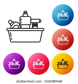 Black line Plastic bottles for liquid laundry detergent, bleach, dishwashing liquid or another cleaning agent icon isolated on white background. Set icons colorful circle buttons. Vector Illustration