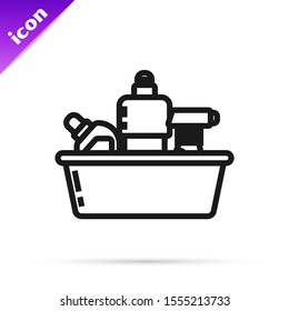 Black line Plastic bottles for liquid laundry detergent, bleach, dishwashing liquid or another cleaning agent icon isolated on white background.  Vector Illustration