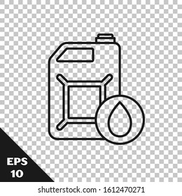 Black line Plastic canister for motor machine oil icon isolated on transparent background. Oil gallon. Oil change service and repair.  Vector Illustration