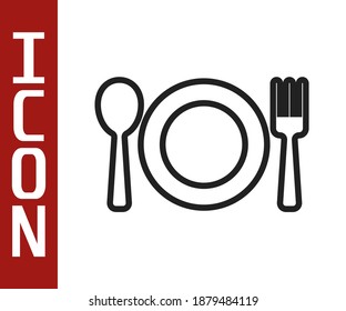 Black line Plate, fork and knife icon isolated on white background. Cutlery symbol. Restaurant sign.  Vector