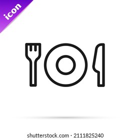 Black line Plate, fork and knife icon isolated on white background. Cutlery symbol. Restaurant sign.  Vector