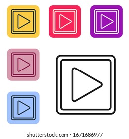 Black line Play in square icon isolated on white background. Set icons in color square buttons. Vector Illustration