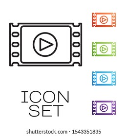 Black line Play Video icon isolated on white background. Film strip with play sign. Set icons colorful. Vector Illustration