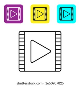 Black line Play Video icon isolated on white background. Film strip with play sign. Set icons colorful square buttons. Vector Illustration