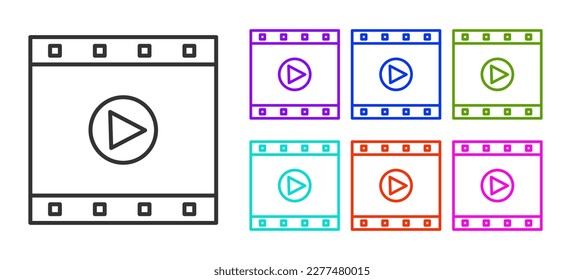 Black line Play Video icon isolated on white background. Film strip sign. Set icons colorful. Vector Illustration