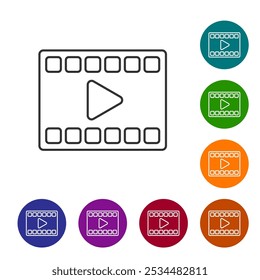 Video Línea negra Jugar icono aislado sobre fondo blanco. Tira de película con signo de juego. Establezca los íconos en Botones de círculo de color. Vector