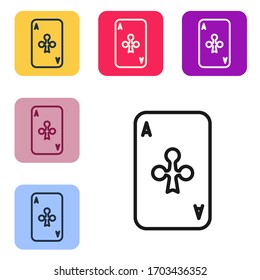Black line Playing card with clubs symbol icon isolated on white background. Casino gambling. Set icons in color square buttons. Vector Illustration