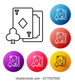 Black line Playing card with diamonds symbol icon isolated on white background. Casino gambling. Set icons colorful circle buttons. Vector Illustration