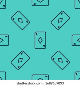 Black line Playing card with diamonds symbol icon isolated seamless pattern on green background. Casino gambling.  Vector Illustration