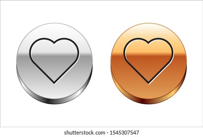 Black line Playing card with heart symbol icon isolated on white background. Casino gambling. Silver-gold circle button. Vector Illustration