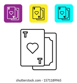 Black line Playing card with heart symbol icon isolated on white background. Casino gambling. Set icons colorful square buttons. Vector Illustration