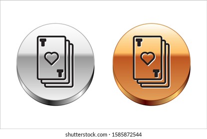Black line Playing card with heart symbol icon isolated on white background. Casino gambling. Silver-gold circle button. Vector Illustration
