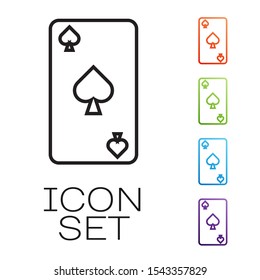 Black line Playing card with spades symbol icon isolated on white background. Casino gambling. Set icons colorful. Vector Illustration