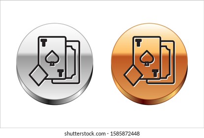 Black line Playing card with spades symbol icon isolated on white background. Casino gambling. Silver-gold circle button. Vector Illustration