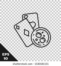 Black line Playing cards and glass of whiskey with ice cubes icon isolated on transparent background. Casino gambling.  Vector Illustration